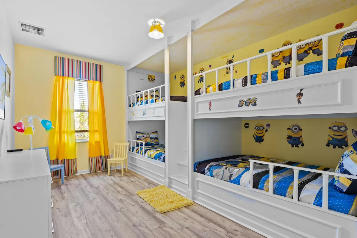 Bedroom 4 — Minion themed bunk room with double-over-double bunks